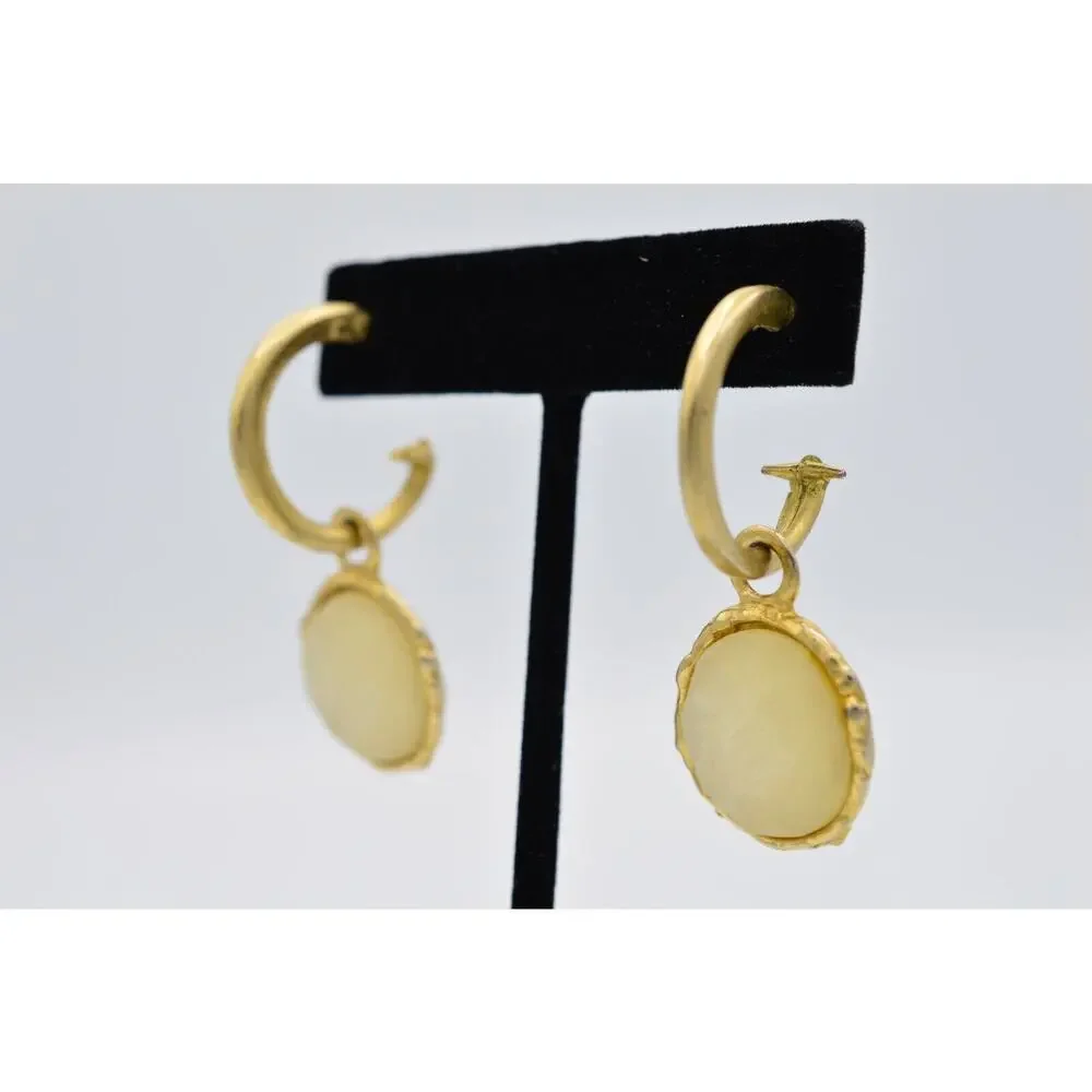 Vintage Cabochon Earrings Brushed Gold Dangle Frosted Milky Bead 1980s BinAA